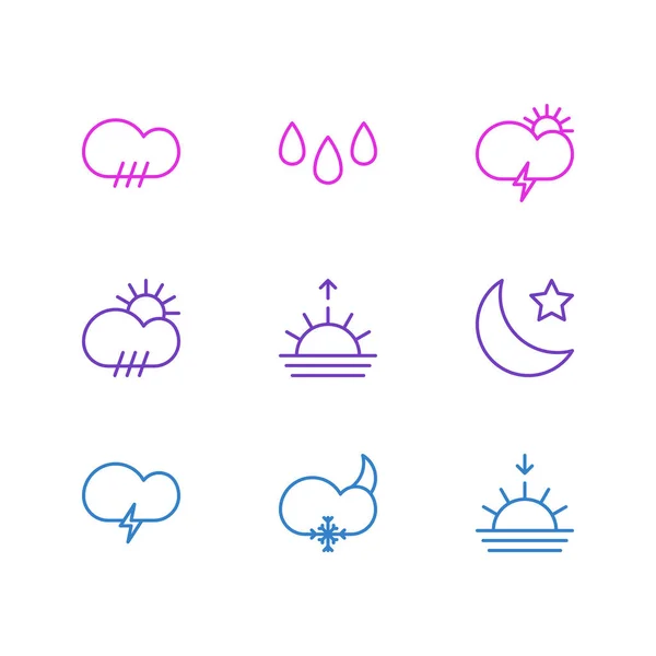 Ilustracja wektorowa 9 ikon pogody w stylu linii. Edytowalny zestaw elementów typu gale, drop, sunlight i innych ikon. — Wektor stockowy