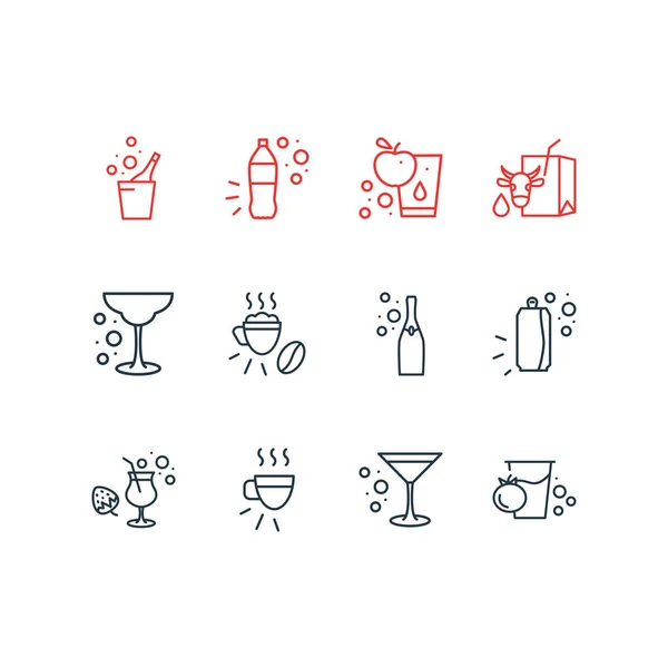 Векторна ілюстрація 12 піктограм напій стиль лінії. Підходящий набір напоїв, томатного соку, полуничної колоди та інших знакових елементів . — стоковий вектор