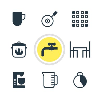 9 mutfak eşyası ikonunun çizimi. Düzenlenebilir tava, yemek masası, elektrikli soba ve diğer ikon elementler..