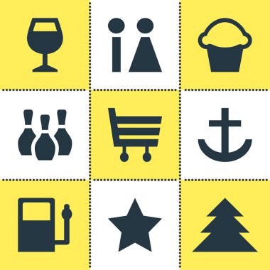 9 harita simgesinin çizimi. Liman, bar, pazar ve diğer simge ögelerinin düzenlenebilir kümesi.