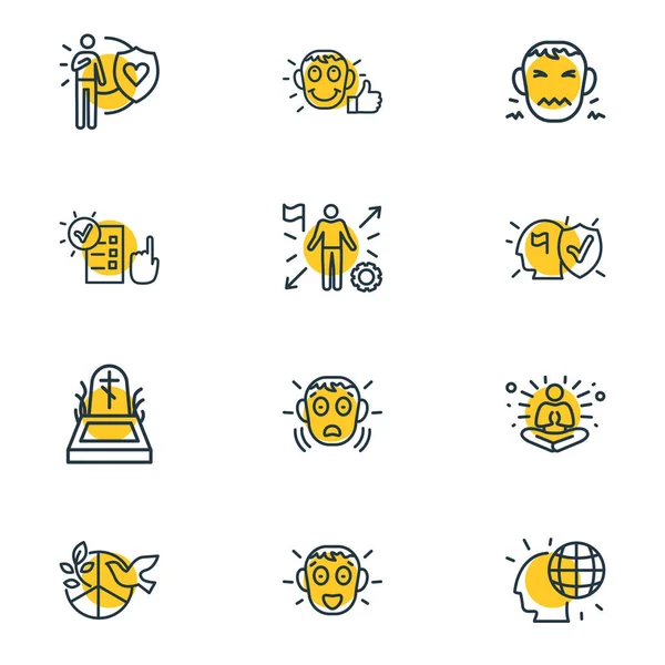 Illustration de 12 icônes émotionnelles style ligne. Ensemble modifiable d'éléments de pensée, de peur et d'autres icônes satisfaits et globaux. — Photo
