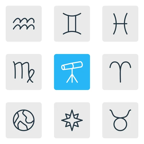 Ilustração de 9 estilo de linha de ícones astrologia. Conjunto editável de peixes, telescópio, gêmeos e outros elementos de ícone. — Fotografia de Stock