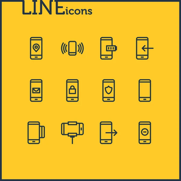 illustration of 12 phone icons line style. Editable set of battery, locked, remove and other icon elements.