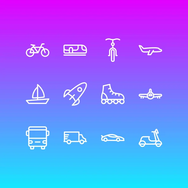 Illustration de 12 icônes de transit style ligne. Ensemble modifiable d'éléments d'aéronef, de bateau, de souterrain et d'autres icônes. — Photo