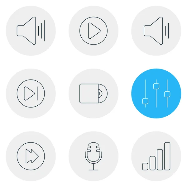 Illustrazione di 9 icone musicali stile linea. Set modificabile di equalizzatore, suono verso l'alto, avanti e altri elementi icona. — Foto Stock