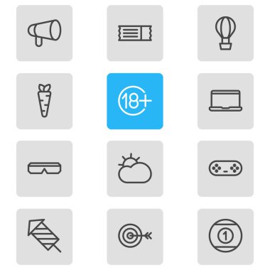 12 keyif simgesi çizgisi biçiminin vektör illüstrasyonu. Düzenlenebilir bilardo takımı, güneş, havuç ve diğer ikon elementler.