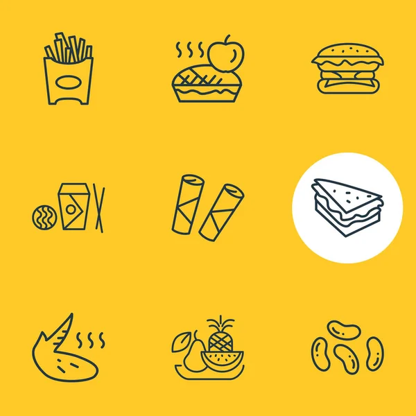 Vector illustration of 9 snacks icons line style. Editable set of burger, apple pie, french fries and other icon elements. — Archivo Imágenes Vectoriales