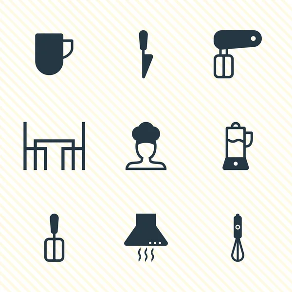 Illustrazione vettoriale di 9 icone di utensili da cucina. Set modificabile di spremiagrumi, chef, tavolo da pranzo e altri elementi icona. — Vettoriale Stock