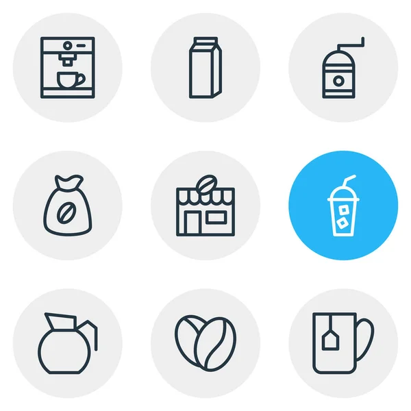 Ilustrace 9 java ikon stylu čáry. Upravitelná sada arabských fazolí, studených nápojů, pytlů a dalších prvků ikon. — Stock fotografie
