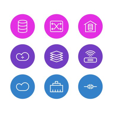 Vector illustration of 9 network icons line style. Editable set of root server, switch, cloud storage and other icon elements.