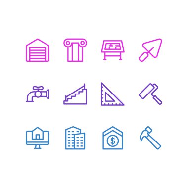 Vector illustration of 12 architecture icons line style. Editable set of buy house online, building, water crane and other icon elements.