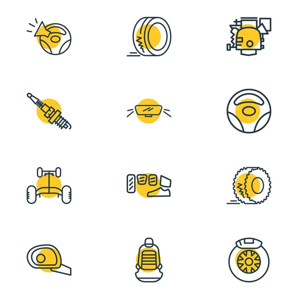 Illustration of 12 car icons line style. Editable set of car chassis, wheel rudder, car brake shoe and other icon elements. — Stok fotoğraf