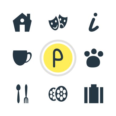 illustration of 9 map icons. Editable set of zoo, portfolio, parking sign and other icon elements.