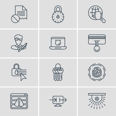 Vector illustration of 12 privacy icons line style. Editable set of data sharing, antivirus, fingerprint scanner and other icon elements.