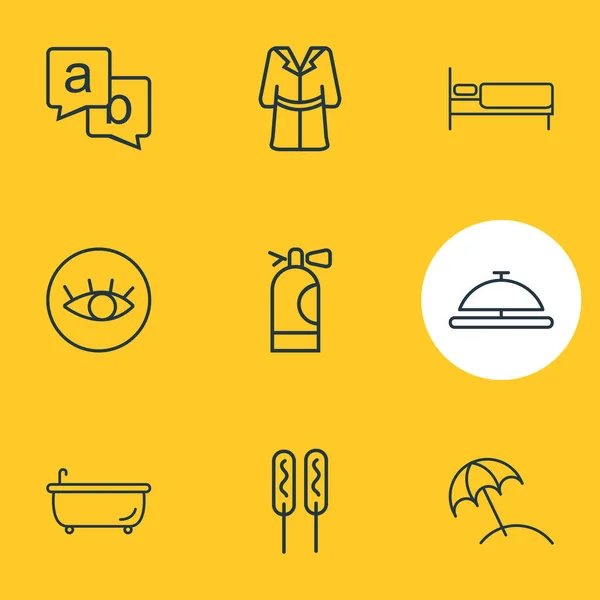 Иллюстрация 9 стилей линии туристических икон. редактируемый набор халата, ванны, пляжного зонта и других элементов икон. — стоковое фото