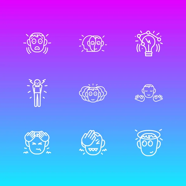 Vector illustration of 9 emoji icons line style. Editable set of frustrated, innovation, hungover and other icon elements. —  Vetores de Stock