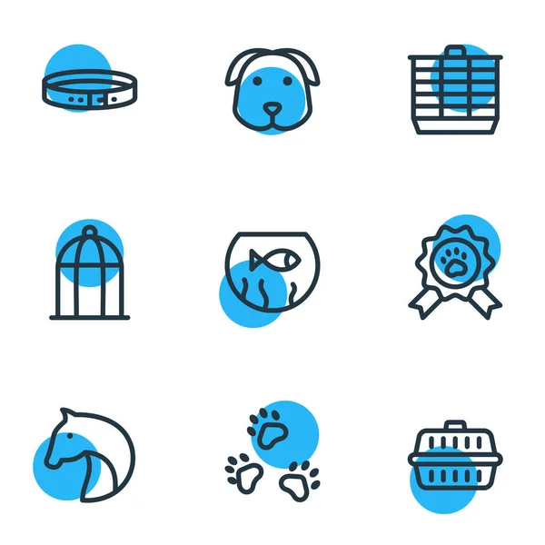 Illustration vectorielle de 9 icônes de la faune style ligne. Ensemble modifiable de bol à poisson, boîte de transport, cage à hamster et autres éléments d'icône. — Image vectorielle