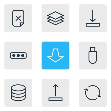 illustration of 9 memory icons line style. Editable set of pull, upload, password and other icon elements.