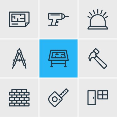 illustration of 9 construction icons line style. Editable set of compass, brick, drawing table and other icon elements.