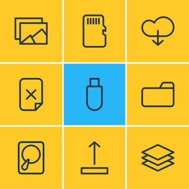 illustration of 9 storage icons line style. Editable set of category, folder, upload and other icon elements.