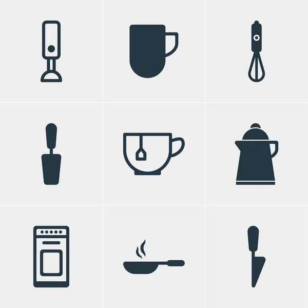 Ilustración de 9 iconos de la cocina. Conjunto editable de taza de té, cuchillo, tetera y otros elementos del icono. —  Fotos de Stock