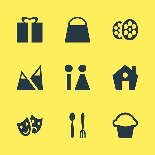 Illustration of 9 check-in icons. Editable set of restroom, house, cinema and other icon elements. — Stok fotoğraf