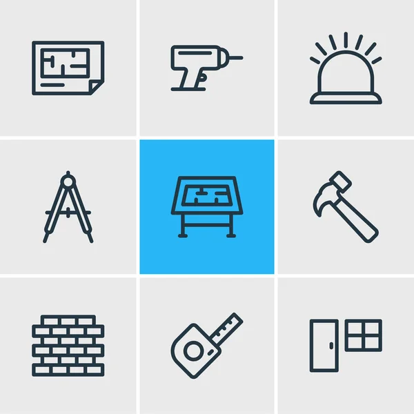 Illustration vectorielle de 9 icônes de l'industrie style ligne. Ensemble modifiable de boussole, brique, table à dessin et autres éléments d'icône. — Image vectorielle