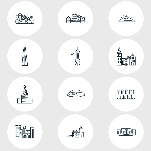 Vector illustration of 12 history icons line style. Editable set of mount fuji, the shard, castle and other icon elements. — Stock vektor