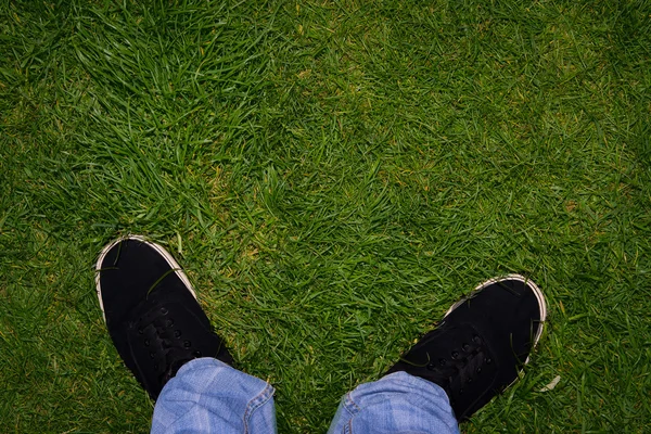 Pies en zapatillas de deporte en la hierba — Foto de Stock