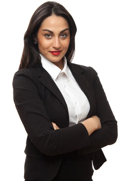 katlanmış eller. iş gülümseyen kadın portresi. Beyaz backgro