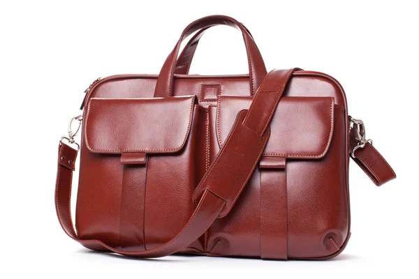 Блестящий коричневый портфель из кожи с карманами — стоковое фото