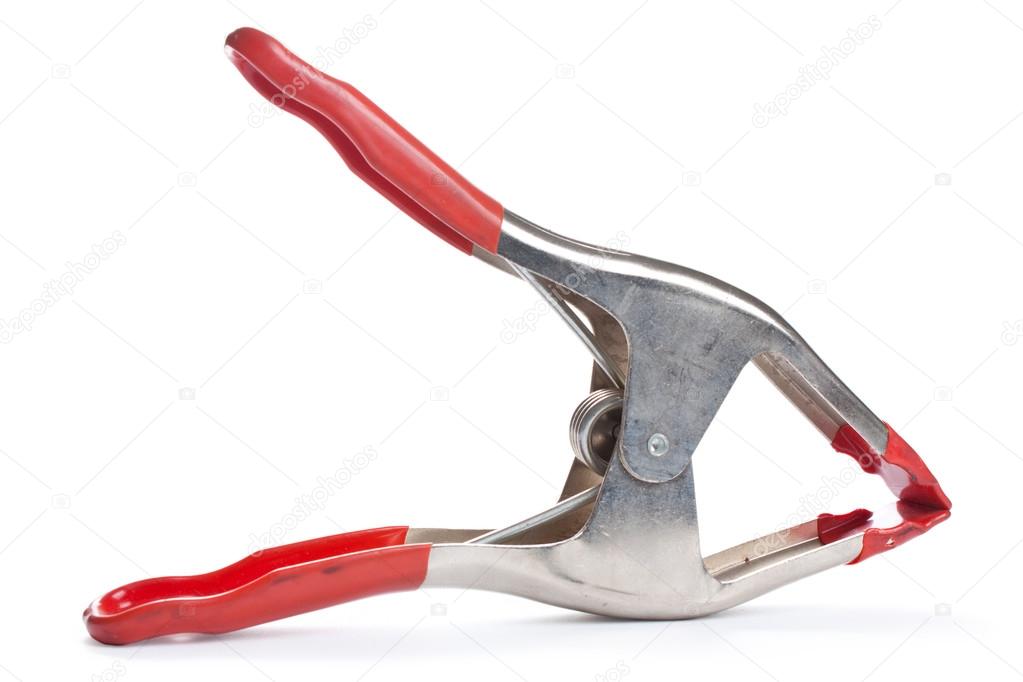 Metal spring clamp with red plastic on handles and tip 