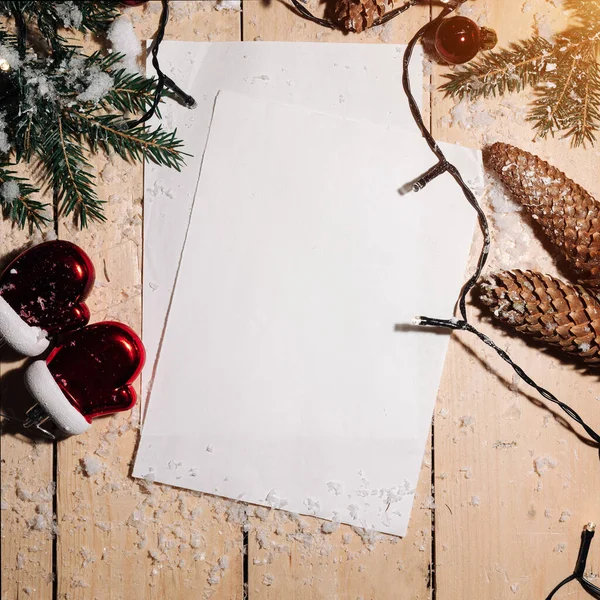 Christmas Background Table Snow Covered Wooden Boards Decorated Spruce Legs — Stock Photo, Image