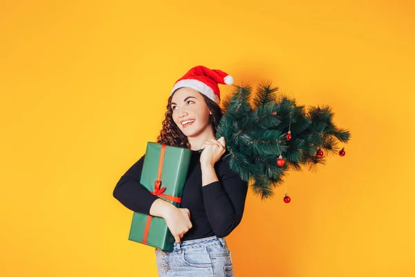 Elinde Büyük Bir Hediye Elinde Noel Ağacı Olan Genç Bir — Stok fotoğraf