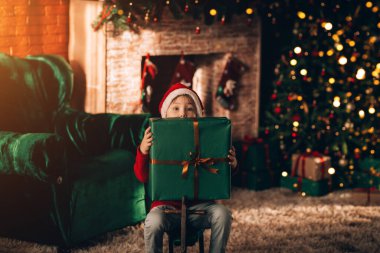 Çocuk at şeklinde ahşap bir salıncakta oturur. Noel havası. Arka planda süslü bir Noel ağacı ve büyük bir şömine var..