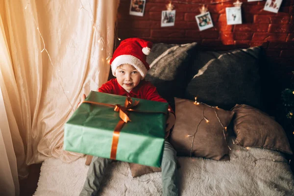 Boy Holding Large Box Green Package Bow Gift Christmas Mood — Stock Photo, Image