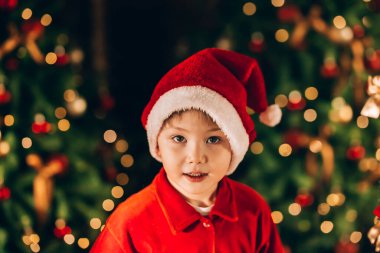 Çocuğun kafasında Noel Baba şapkası var. Arka planda büyük süslü bir Noel ağacı var. Noel havası.