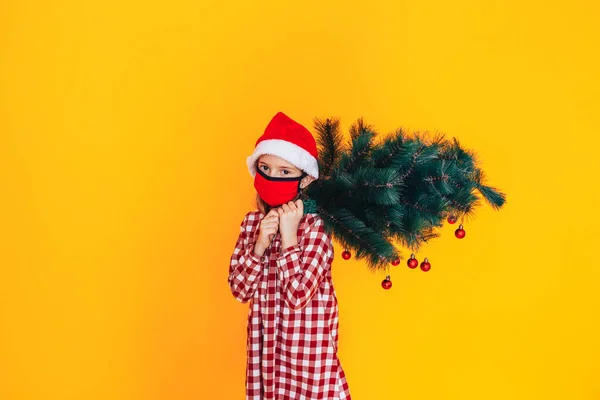 Sarı arka planda elinde Noel ağacı tutan bir çocuk. Noel havası. Kafasında Noel Baba şapkası var. — Stok fotoğraf