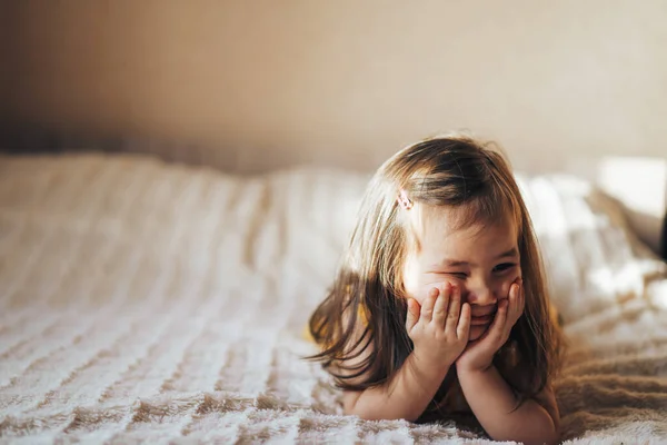 Child Covers His Face His Hands Child Offended Lies Bed — Stock Photo, Image