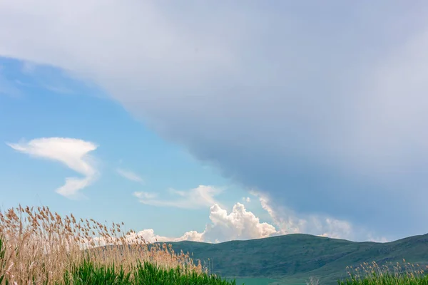 Морской Пейзаж Горами Тростями Голубое Небо Облаками Облачно Солнца Казахстан — стоковое фото