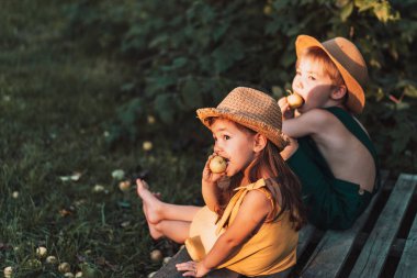 Erkek ve kız hasır şapkalı, armut yiyorlar..
