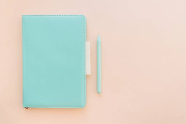 Yumuşak pastel arkaplan üzerinde kalem ve yapışkan not içeren bir turkuaz dizüstü bilgisayarın minimum düz yatağı.