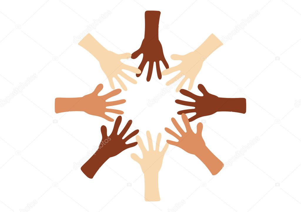 human hands with different skin colors symbolize tolerance, togetherness, peace and non-racism