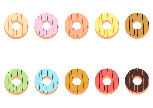 Коллекция Сладких Вкусных Пончиков Различными Вкусами Цветами — стоковый вектор