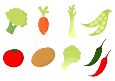 Brokoli, havuç, soğan, fasulye, domates, patates, hindiba ve biberden oluşan taze sebzelerin çizimi