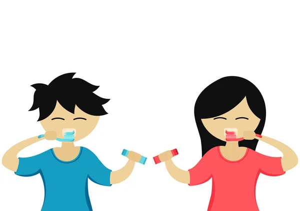 Ilustracja Chłopca Dziewczyny Myjących Zęby Niebieska Szczoteczka Zębów Dla Chłopców — Wektor stockowy