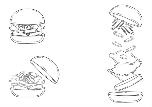 Ilustração Contorno Hambúrguer Com Três Tipos Design Hambúrguer Canto Externo — Vetor de Stock