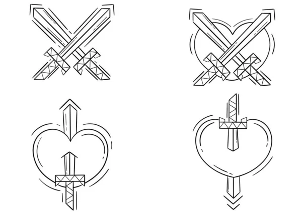 Una Collezione Illustrazioni Cuore Spada Cuore Trafitto Una Spada — Vettoriale Stock