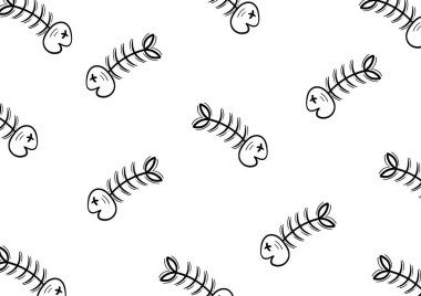 beyaz arka planda kedilerin en sevdiği yemek teması ile balık kemiği arka planı çizildi