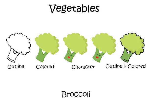 Una Raccolta Illustrazioni Vegetali Broccoli Con Tipo Disegno Contorno Colore — Vettoriale Stock